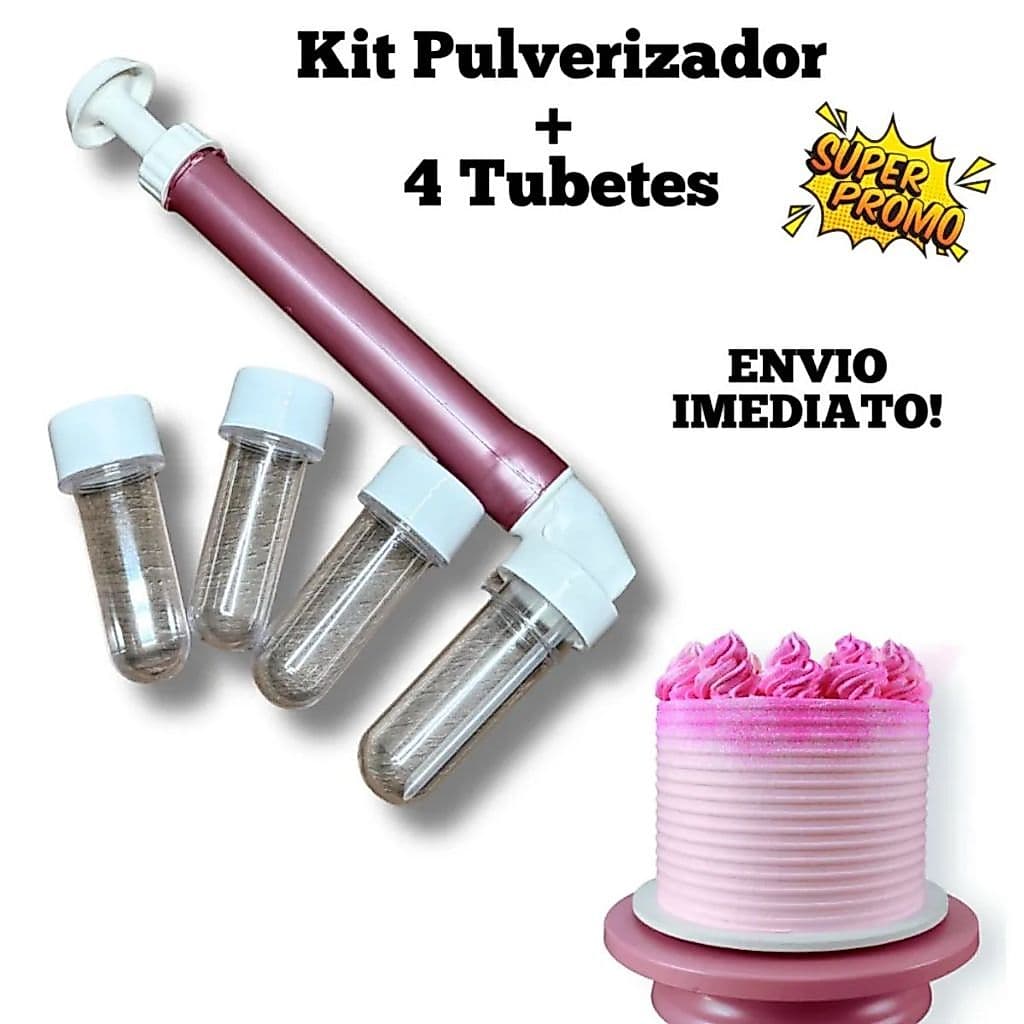 Pulverizador Bombinha com 4 Tubetes para Pó Glítter Confeitaria Bolos Doce Confeiteiro Decoração