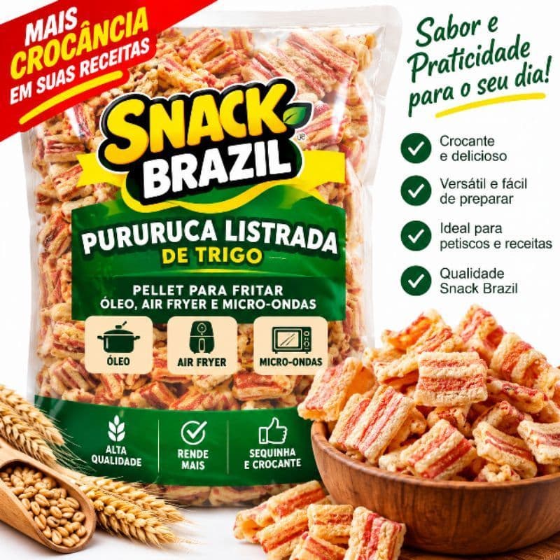Pururuca Listrada de Trigo Snack Brazil | Pellet para Fritar | Óleo, Air Fryer e Micro-ondas
