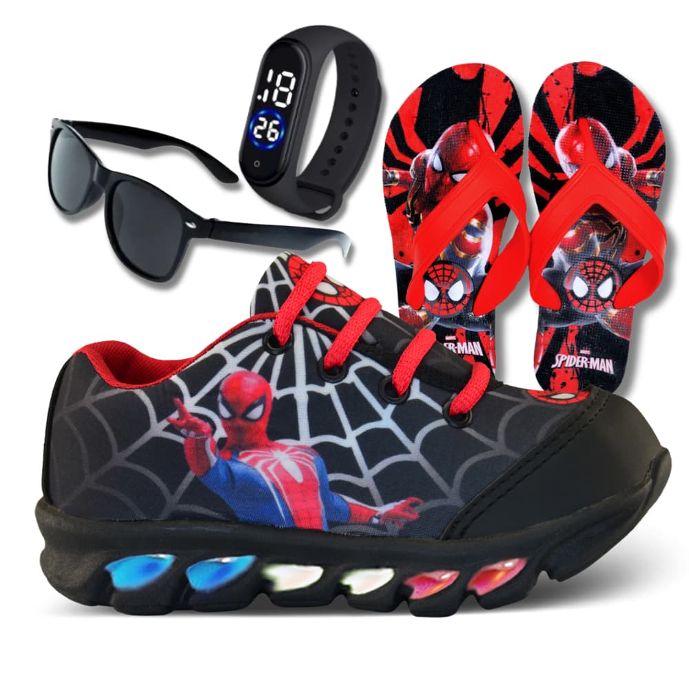 Tênis de LED Infantil Masculino  Aranha Com Chinelo Mais Relógio e óculos presente