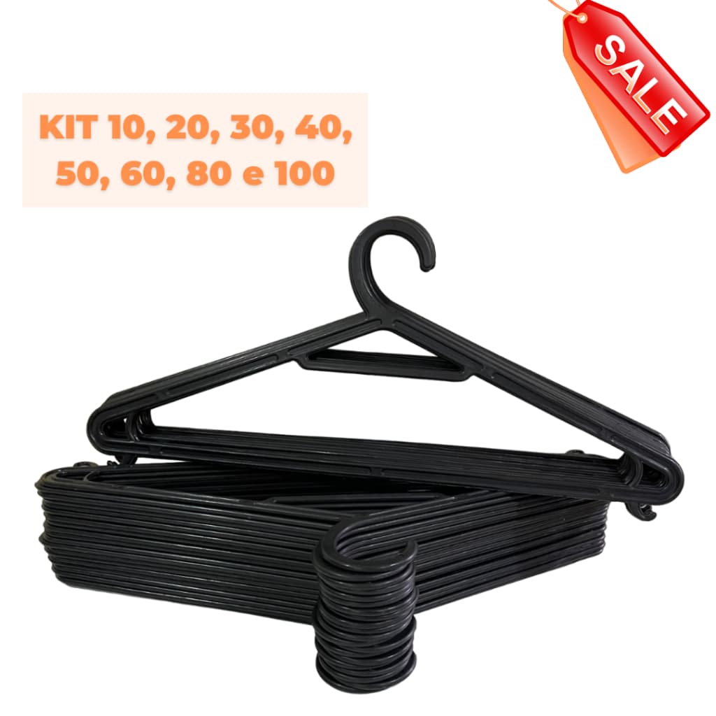 Cabide Adulto Preto Kit 10 a 100 Cabides Plástico Achatado Não Quebra Organizador de Roupas Guarda Roupa Closet G002