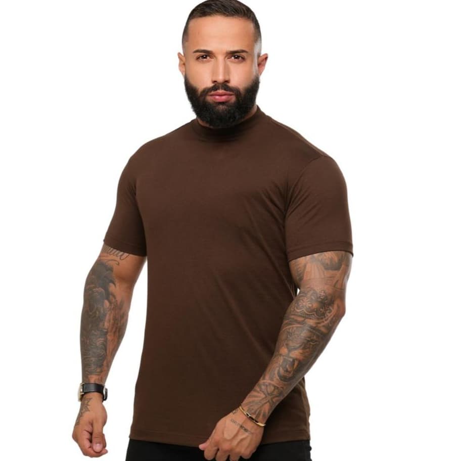 Camisetas Masculina Gola Media Premium 100% Algodão Camisa Gola Alta Slim
