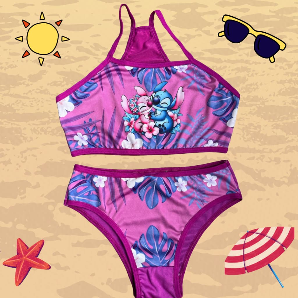 Conjunto Biquíni Infantil Moda Praia Sublimado Calcinha e Top Menina Desenhos Disney Princesas