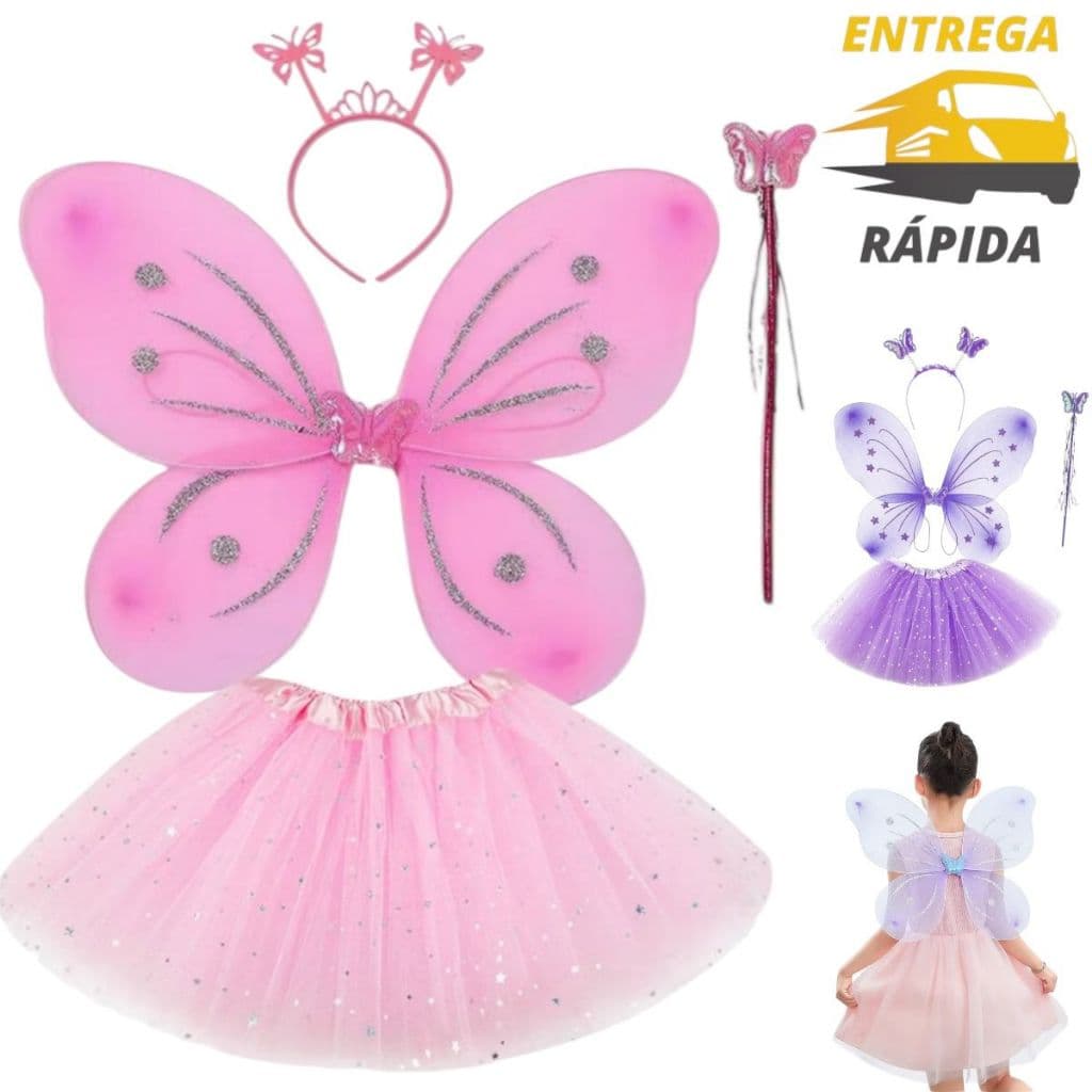 Fantasia De Fada Borboleta Asa Com Varinha, Tiara e Saia