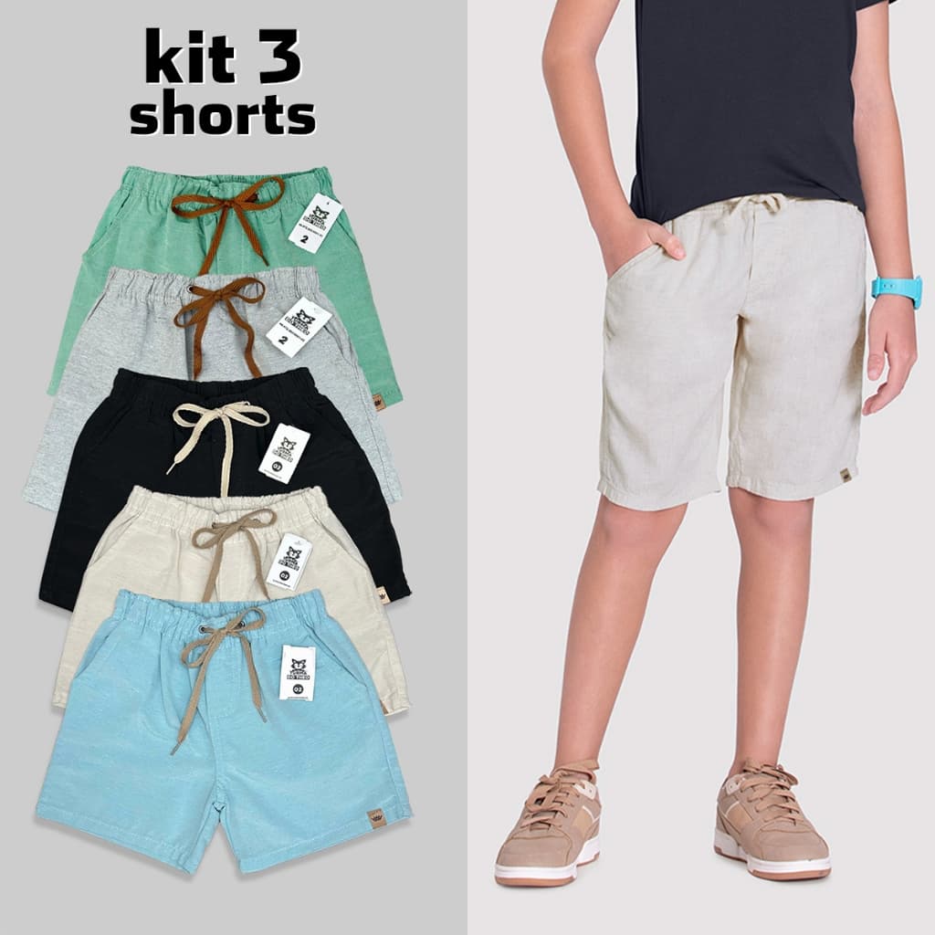 Kit 3 Bermudas Infantil Linho Menino Short Juvenil Premium