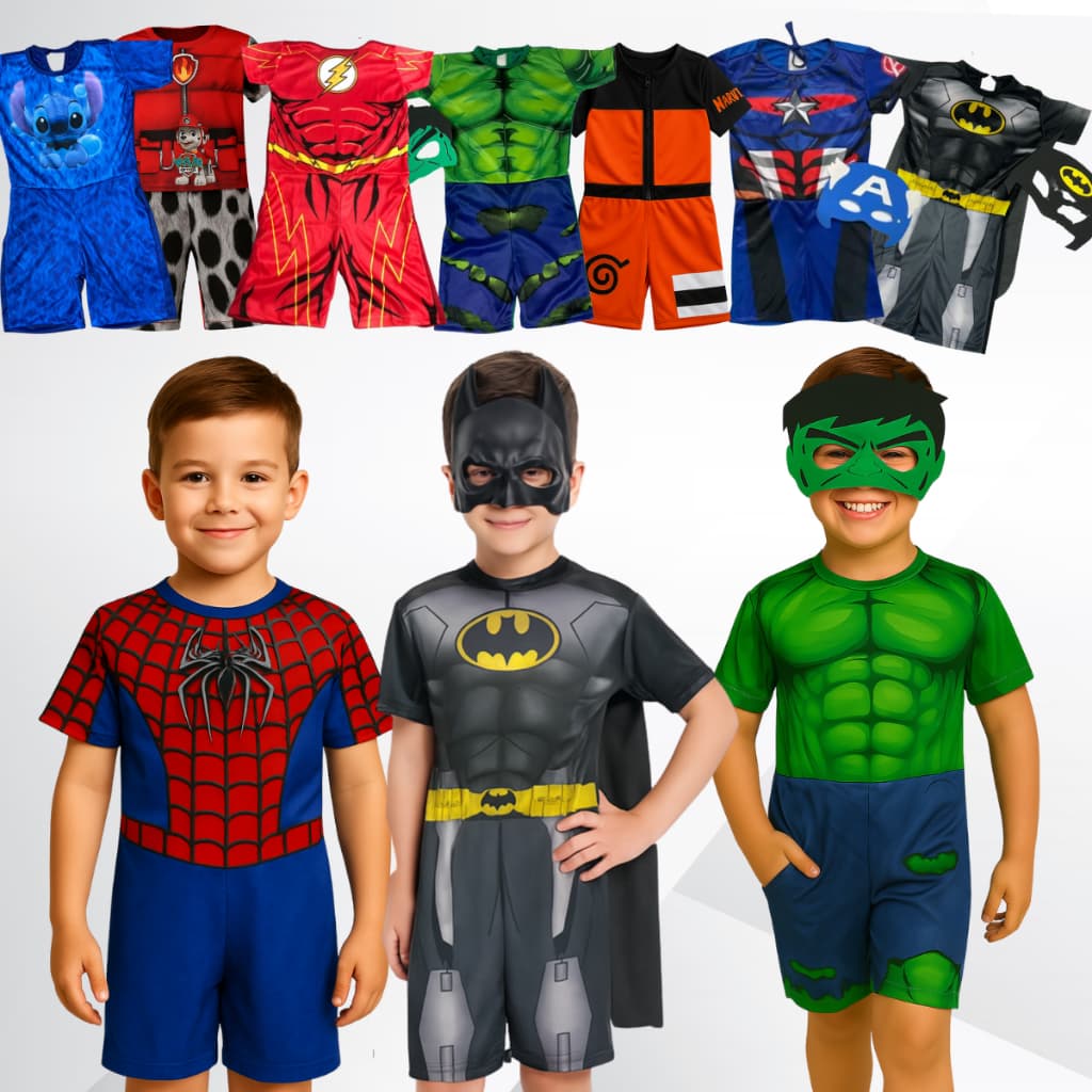 Fantasia Infantil Masculina Herói com Máscara Roupa Curta para Festa