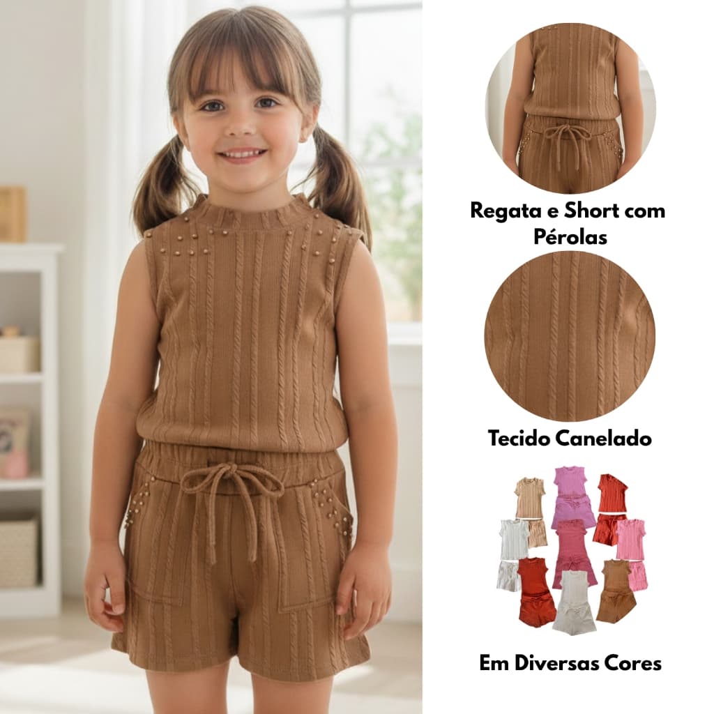Conjunto Feminino Infantil com Regata e Short com Pérolas  em Tecido Canelado