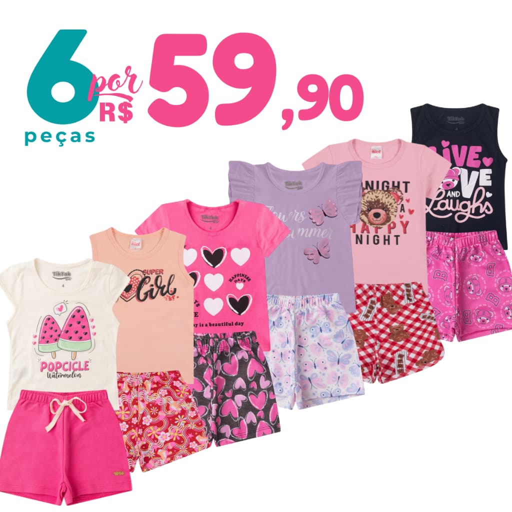 Kit 6 Peças de Roupas Infantil Menina 3 Conjuntos Verão Algodão