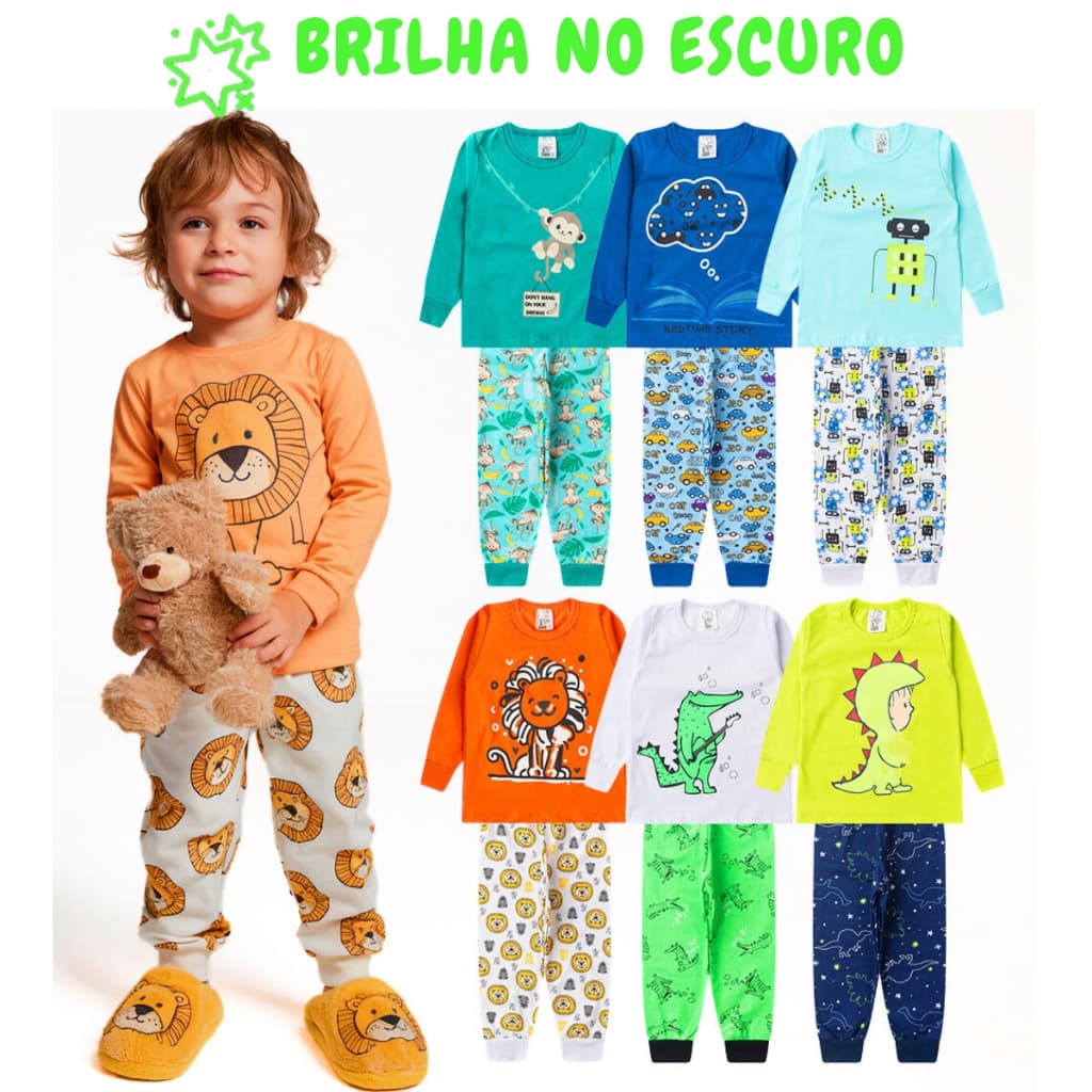 Kit 4 Peças Pijama Brilha no Escuro Sortido Infantil Menino Inverno Roupa Infantil Masculina 2 Blusas e 2 Calças