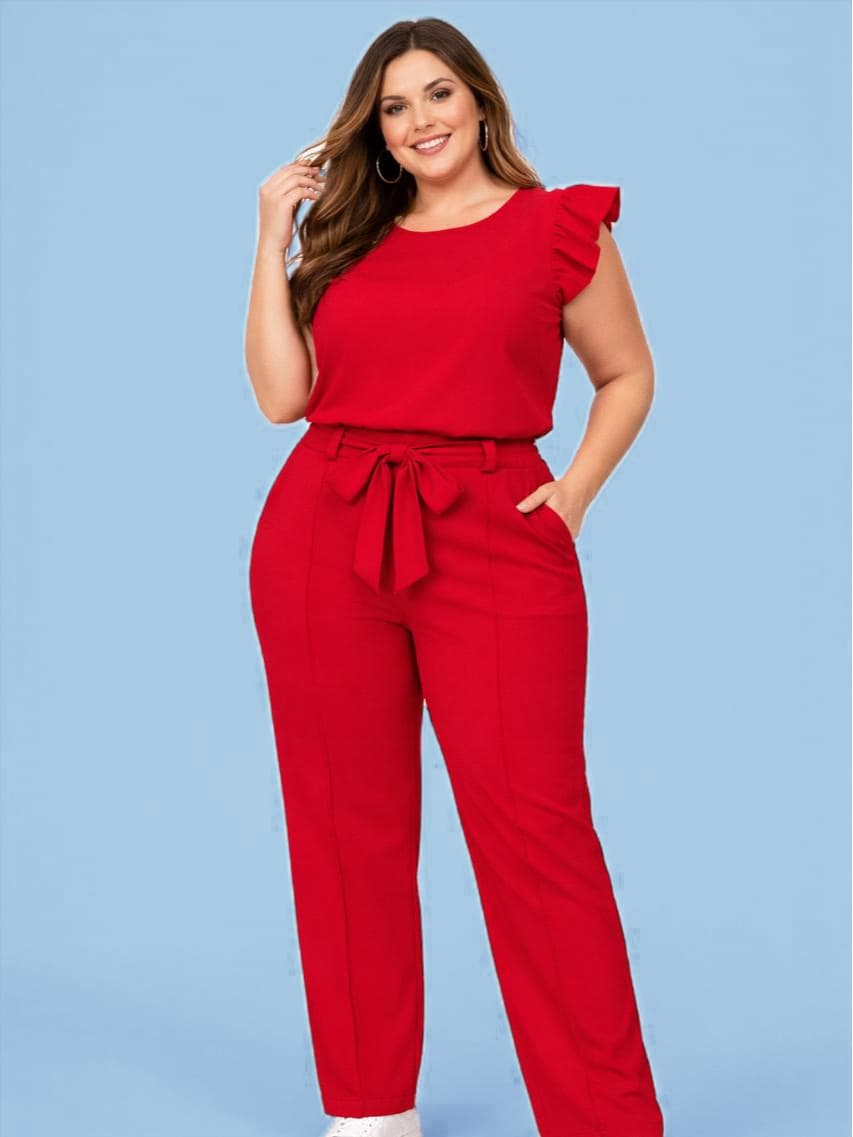 PLUS SIZE Conjunto Social PLUS SIZE Feminino Crepe Duna Calça Reta com bolso e Blusa Elegante