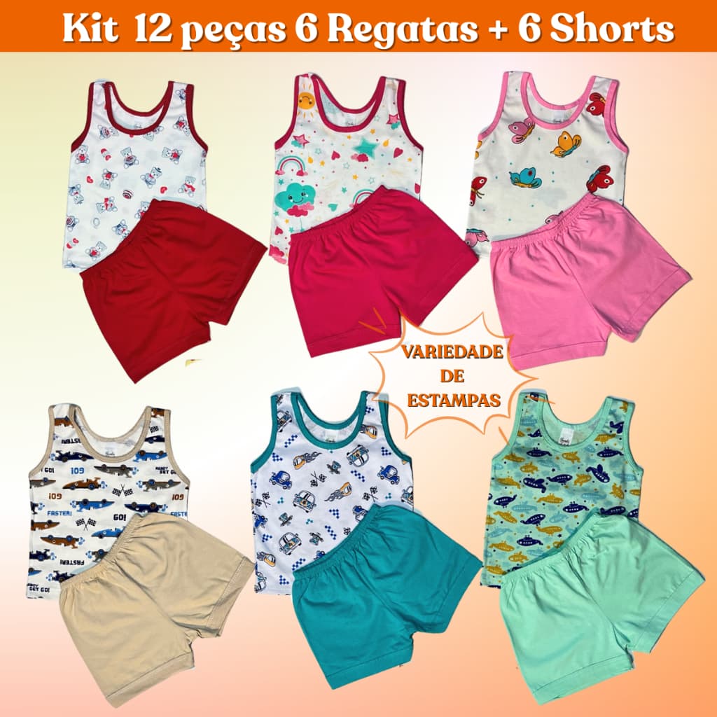 Conjunto Infantil Regata Estampada e Short Liso 100% Algodão  Kit de 6, 3, 2  e 1 Conjuntos