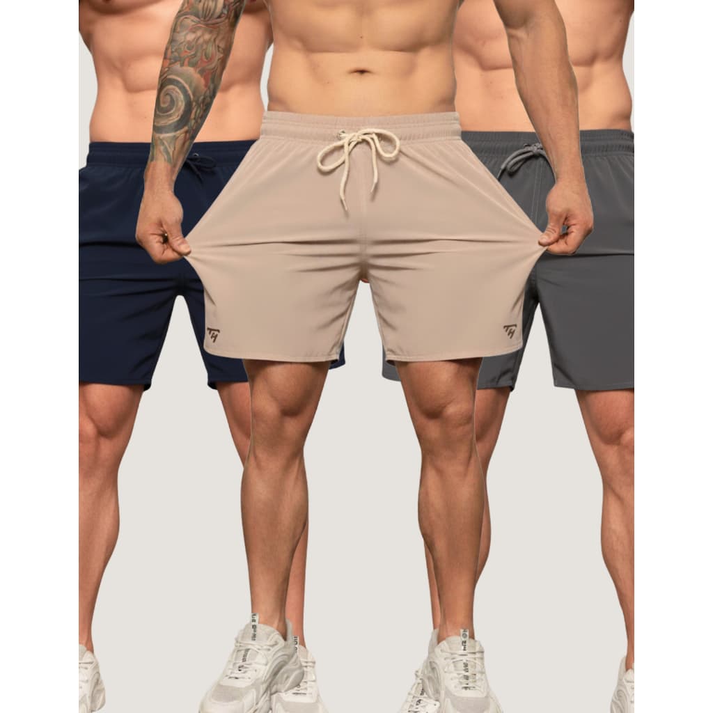 Kit 3 Shorts Tactel com Elastano Mauricinho Praia Masculina com Lycra Academia Corrida Cross Lisa Básica