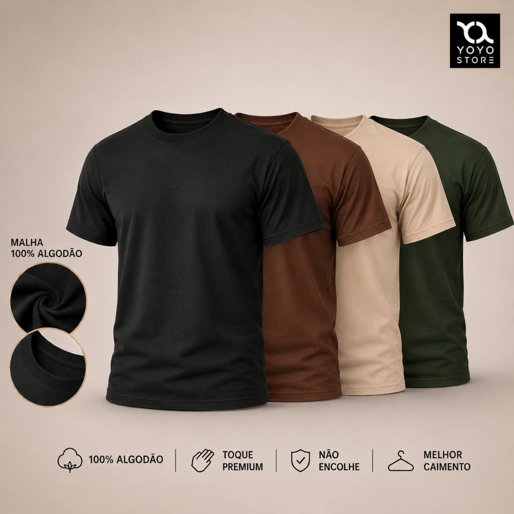 Kit 4 Camiseta Dia a Dia 100% Algodão Básica Premium Varias Cores Lisa Confortável Macia Leve Respirável P ao G3