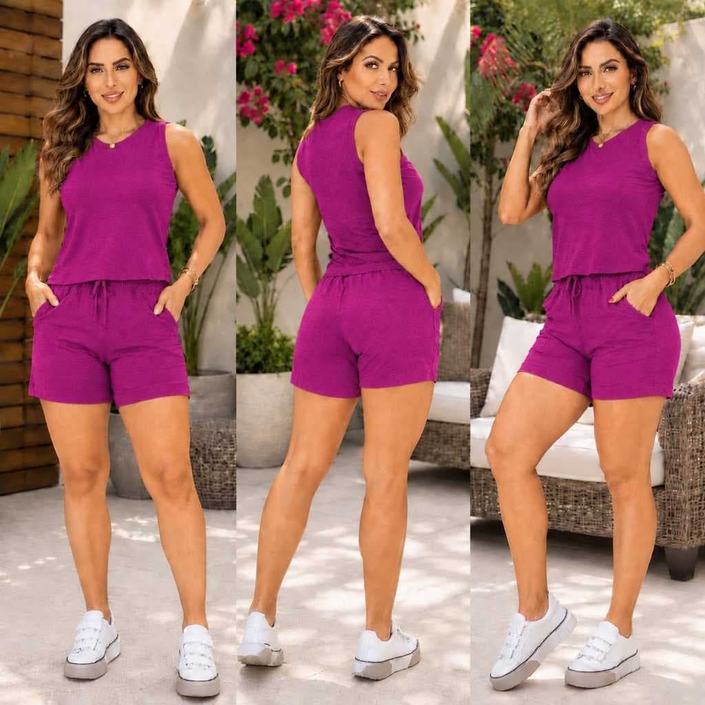 Conjunto Short e Blusa Regata Liso Viscolaycra Short Soltinho