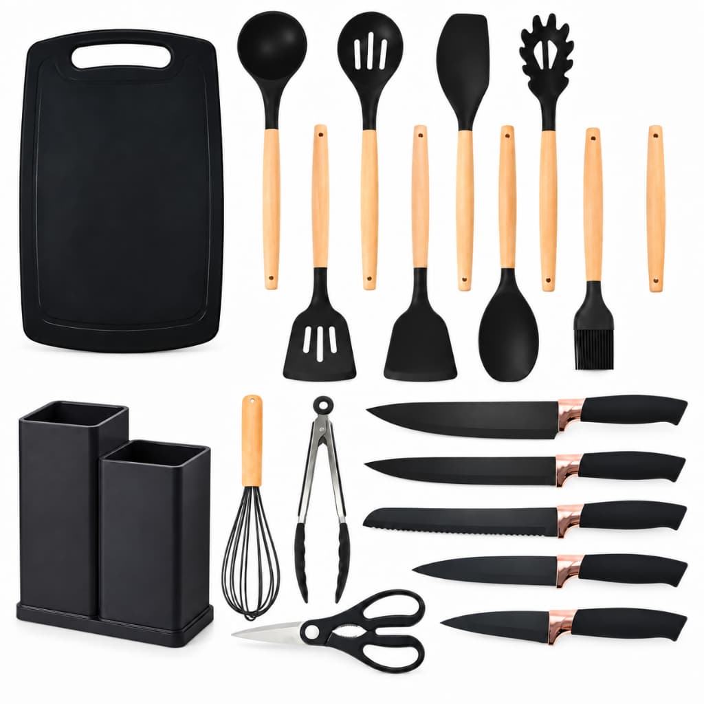 Kit Conjunto De 19 Peças Utensílios Cozinha Silicone Tabua Cor Preto