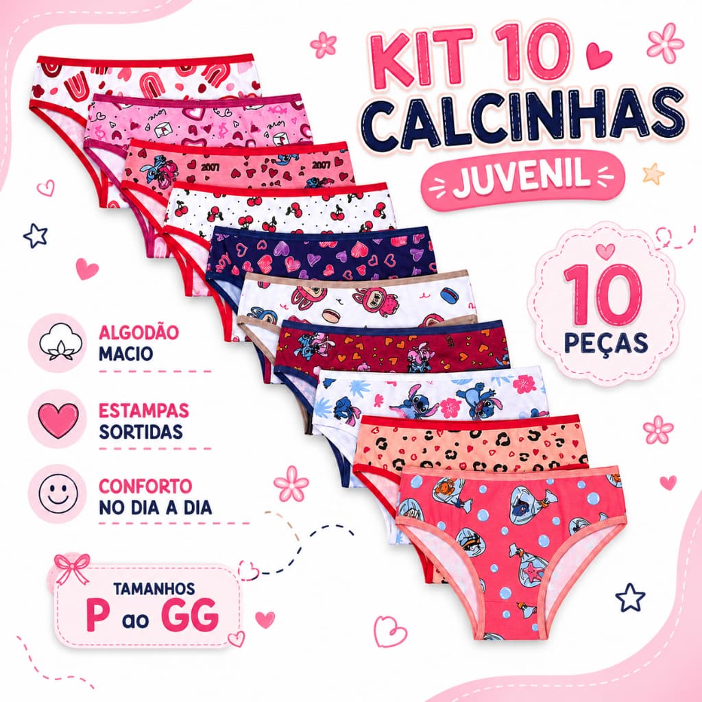 Kit 5 10 ou 15 Calcinhas Infantil Juvenil Menina Algodão Estampadas e Lisas Conforto P ao GG