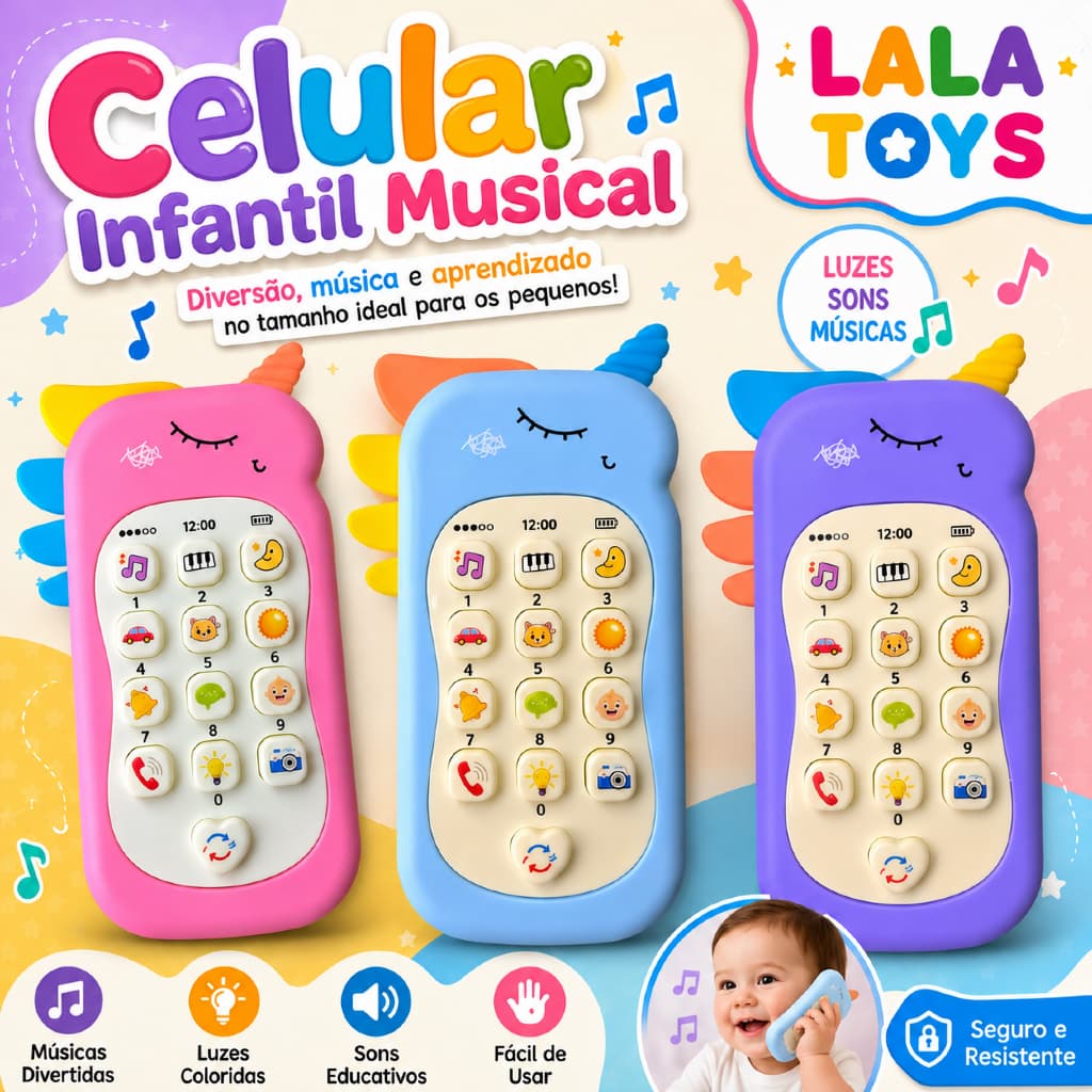 Celular Infantil Telefone Interativo Musical Unicórnio Bebê ou celular Dinossauro