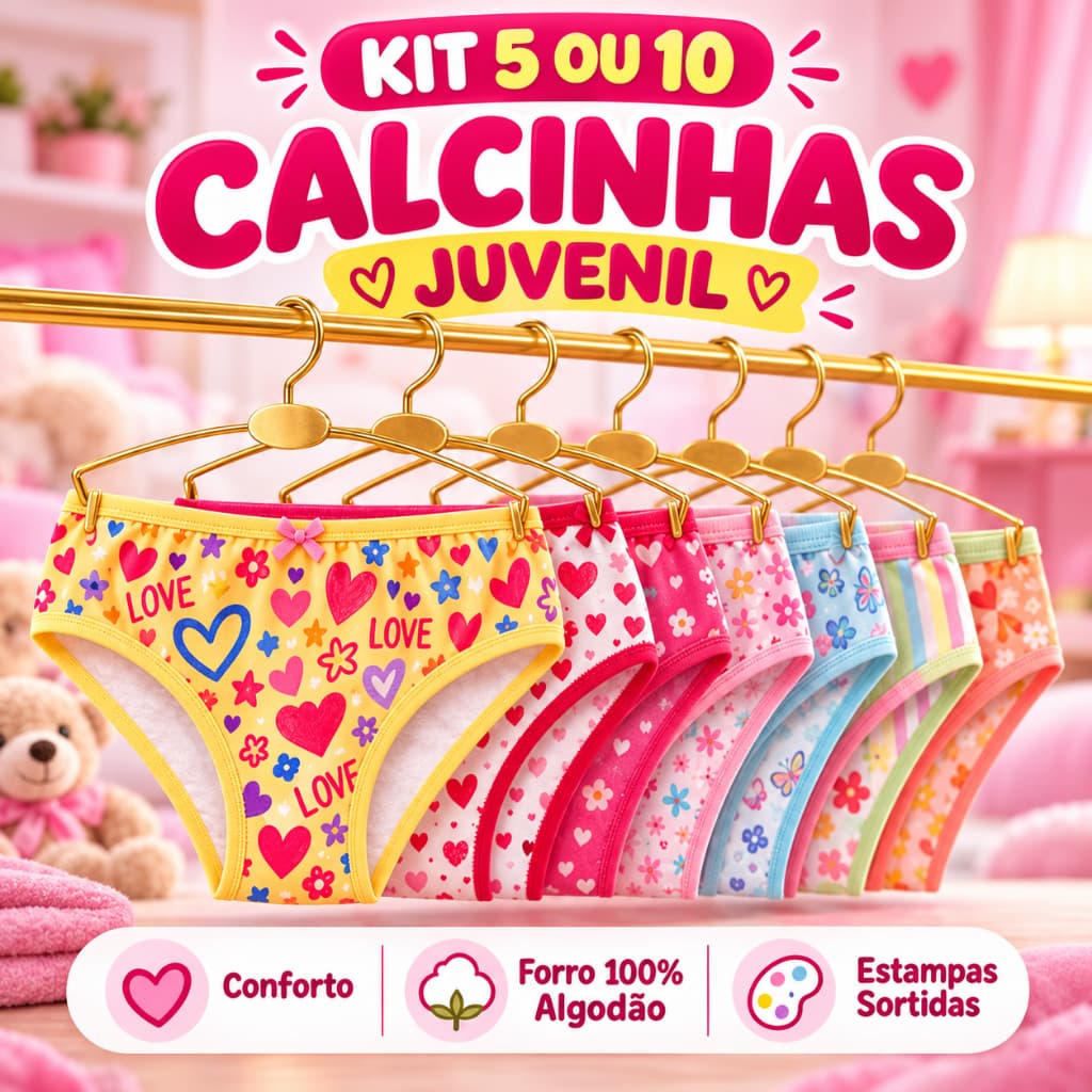 Kit 5 ou 10 Calcinhas Infantil Juvenil Algodão Menina Forro 100% Algodão