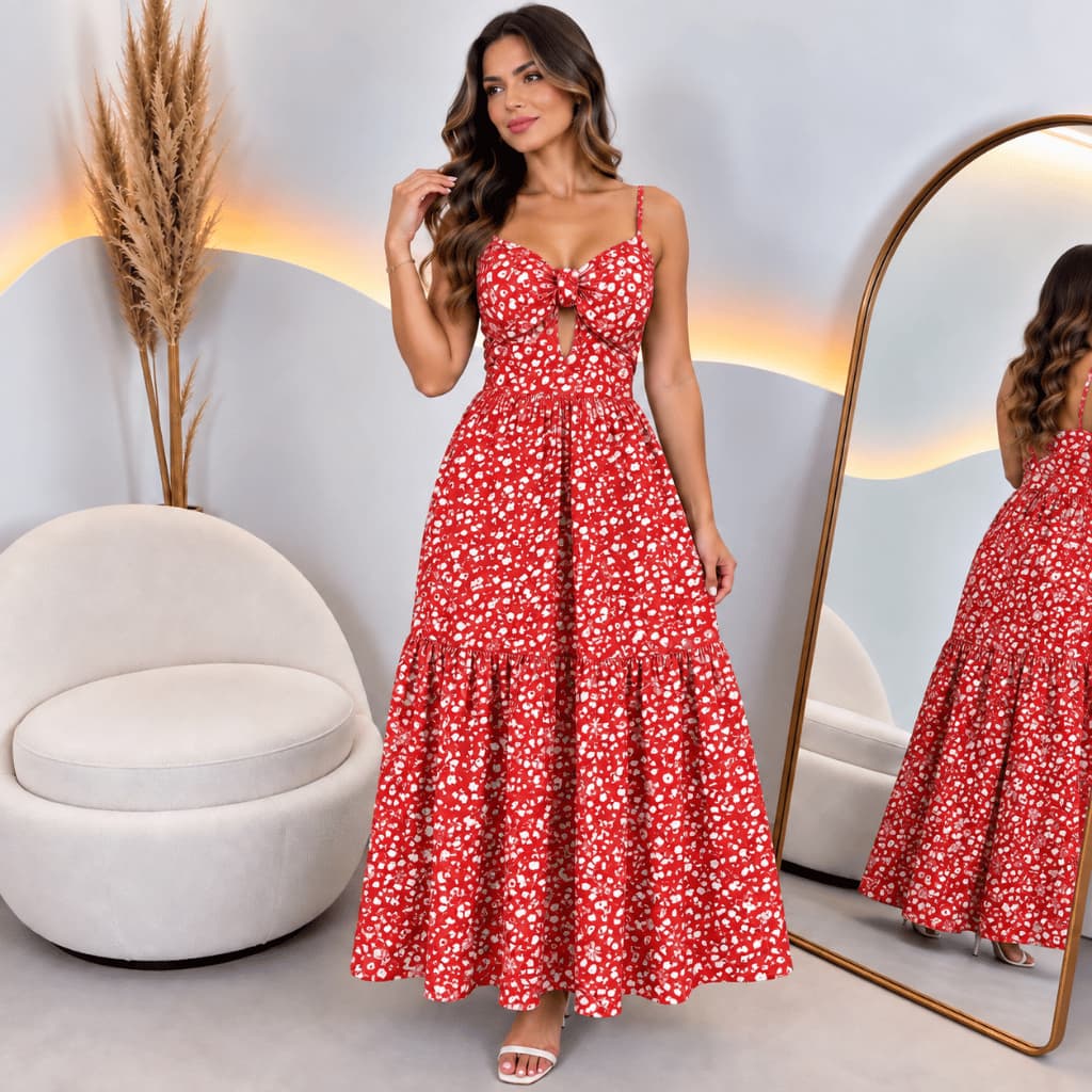 Vestido Feminino Longo Floral Crepe com Bojo Alça Regulável Abertura Elegante Pimenta Rosa