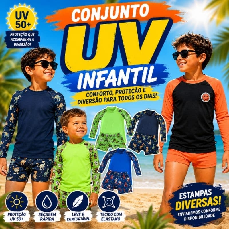 Conjunto Infantil Menino Camisa UV Manga Longa + Sunga Boxer Praia Piscina Verão Proteção Solar Roupa de Banho Infantil