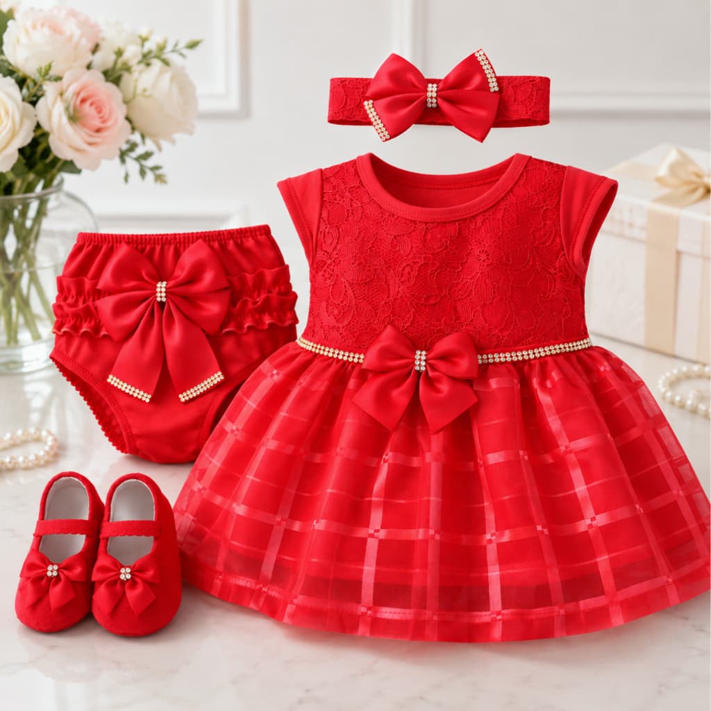 Vestido Renda luxo Kit 4 Peças 0 a 12 Meses Calcinha Bunda Rica+Laço+Sapatinho Festa Batizado Aniversário Natal Ano novo