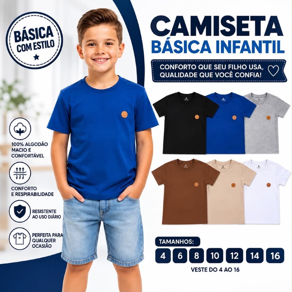 Camiseta Infantil Menino Básica Lisa Manga Curta