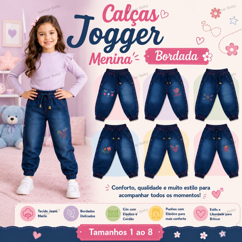 Calça Jeans Infantil Jogger Menina Bordada com Elástico na Cintura