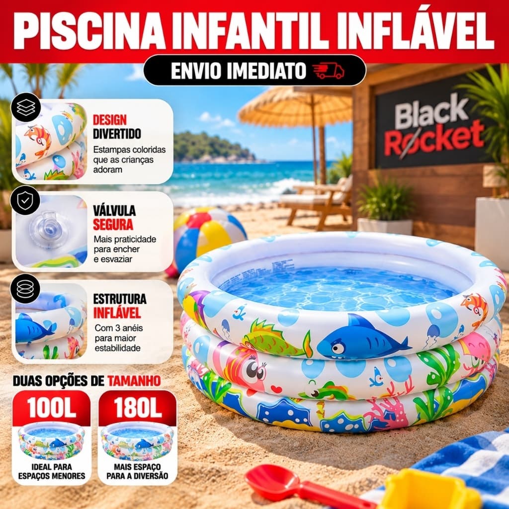 Piscina Infantil 100L/180L Redonda Inflável Àgua e Bolinhas Fundo do Mar