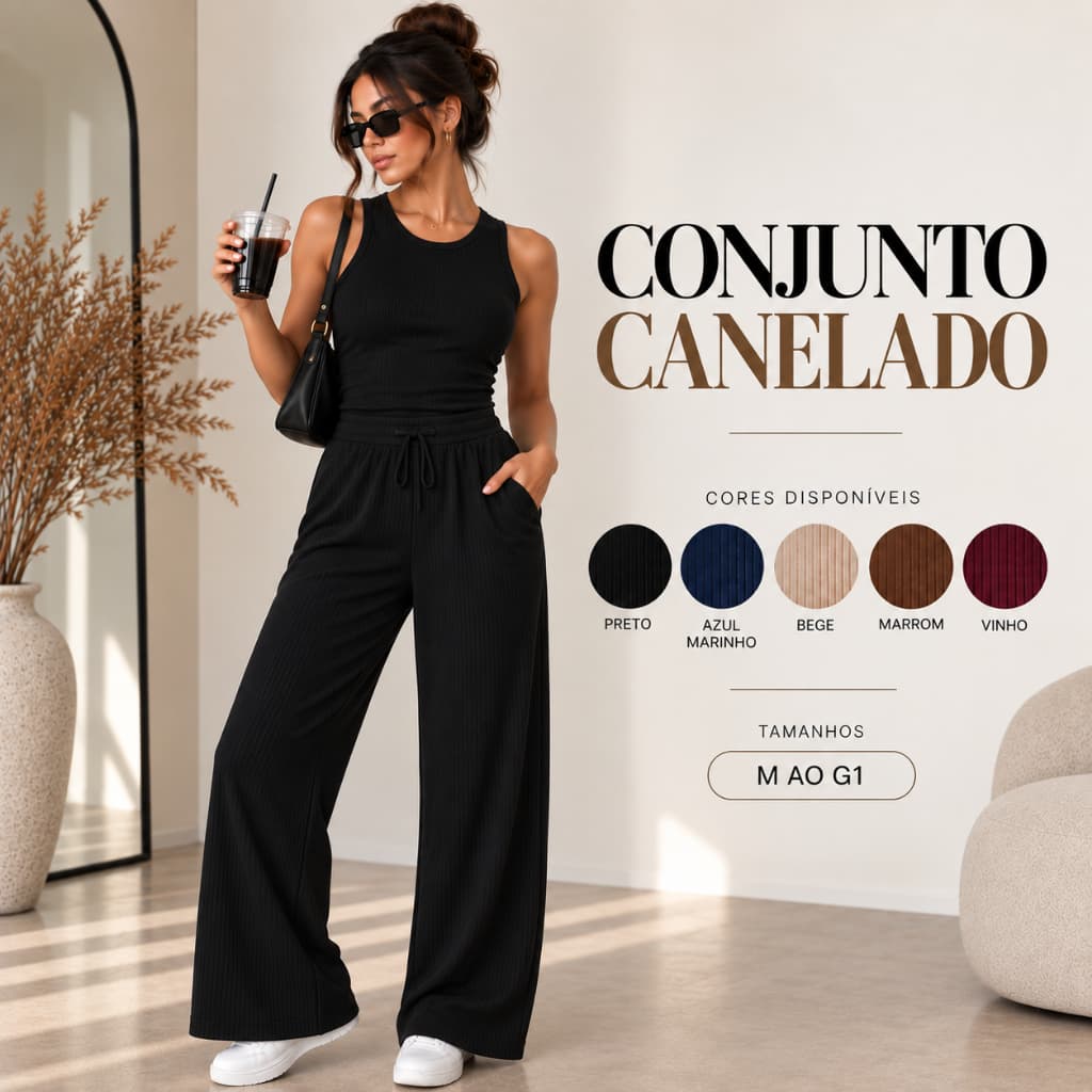 Conjunto Canelado Calça Pantalona Wide Leg Com Bolso Regata Feminina