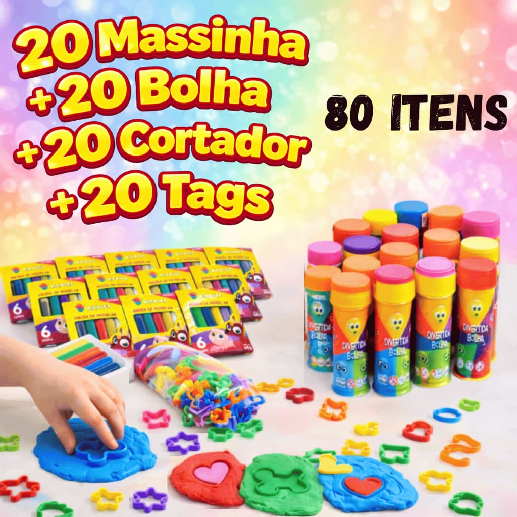 Kit 20 Cx Massinha de Modelar + 20 Bolha de Sabão + 20 Cortador + 20 tag Festa Lembrancinhas de aniversário Infantil