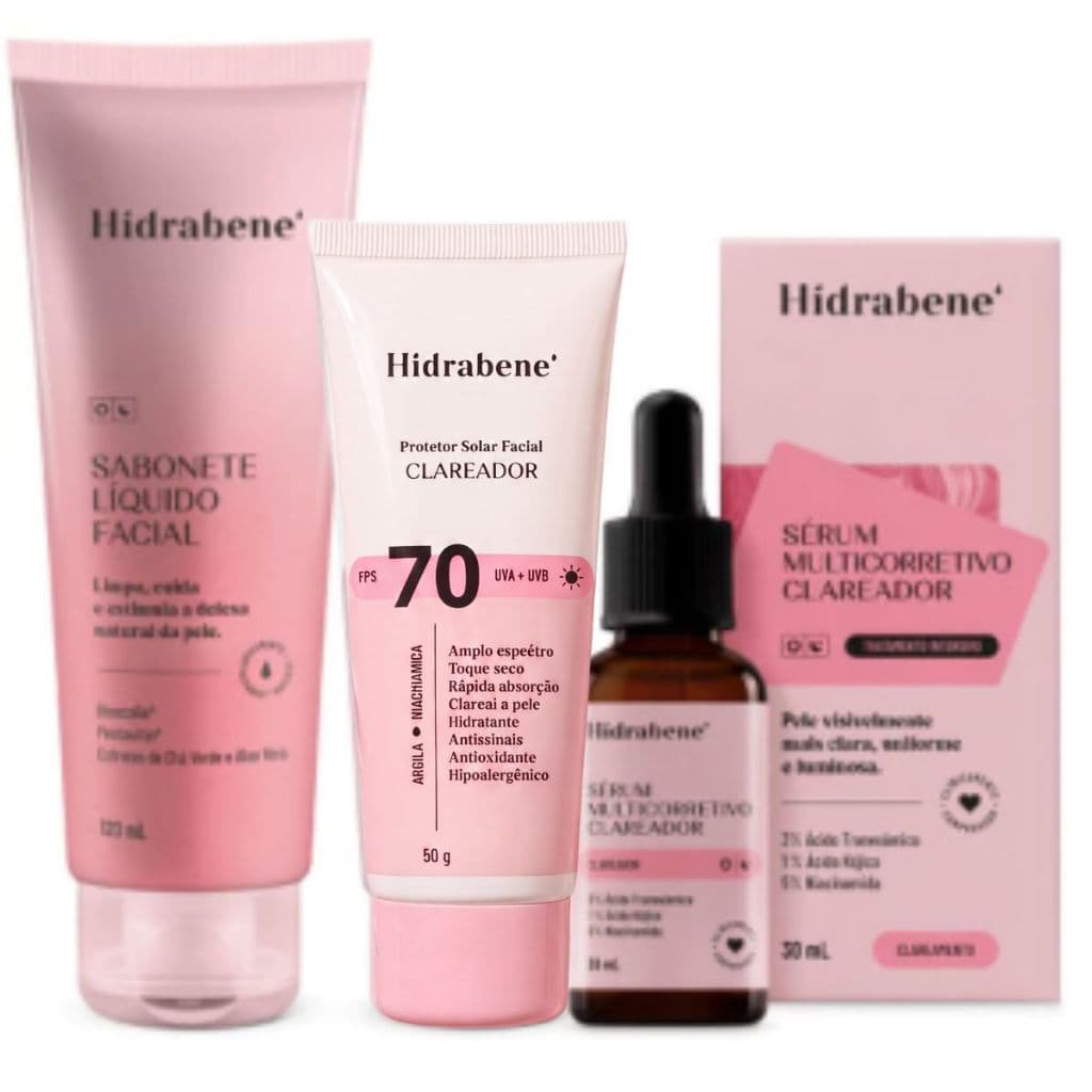 Kit Hidrabene Clareador Skincare Clareador Facial: Sabonete, Protetor 70 FPS e Sérum Multicorretivo