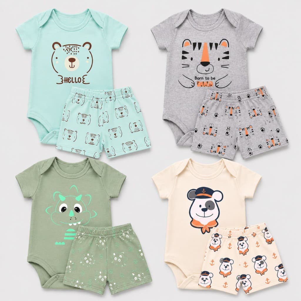 Kit 2 Conjuntos Body Bebê Menino Fofo + Short Tapa Fralda Estampas Sortidas RN ao GG Enxoval, maternidade