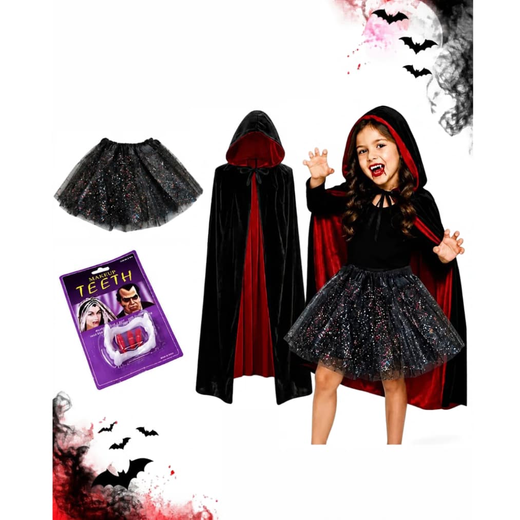 Fantasia De Vampira 04 Peças Infantil Menina Halloween Carnaval Festa 80cm
