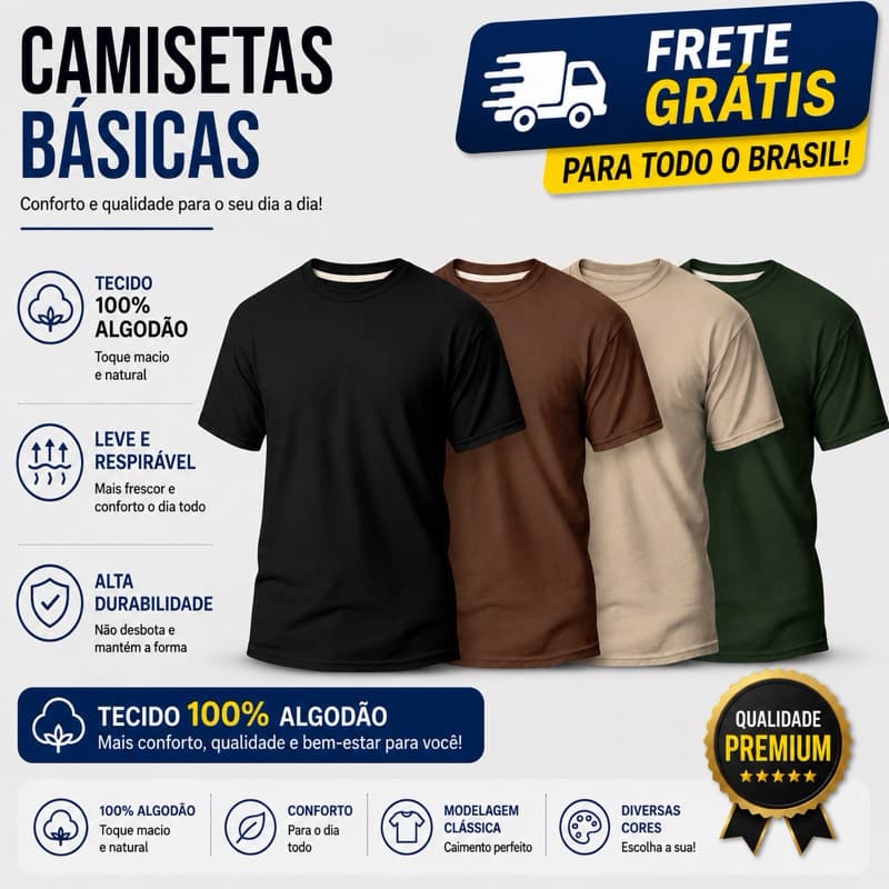 Kit 4 Camiseta Masculina 100% Algodão Básica Varias Cores Lisa Gola Redonda Camisa