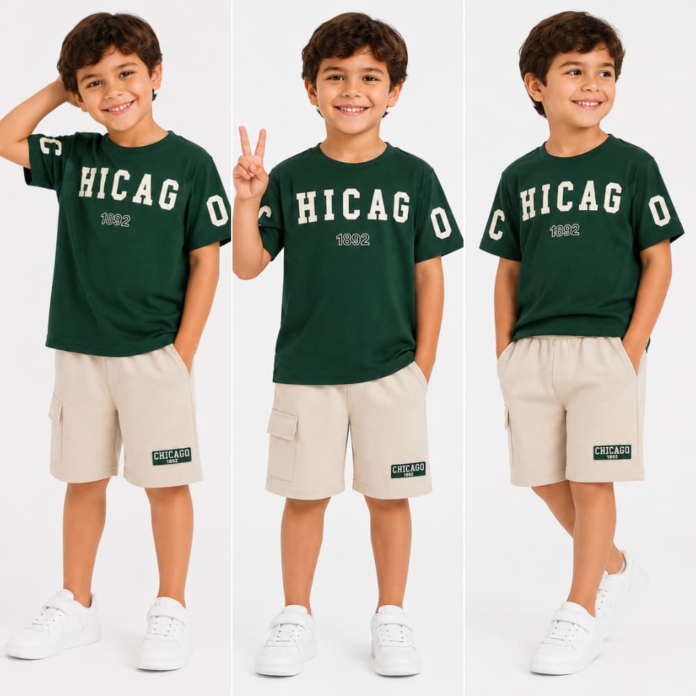 Conjunto kit de duas peças infantil masculino bermuda bolso cargo + blusa estampa moda menino 2026