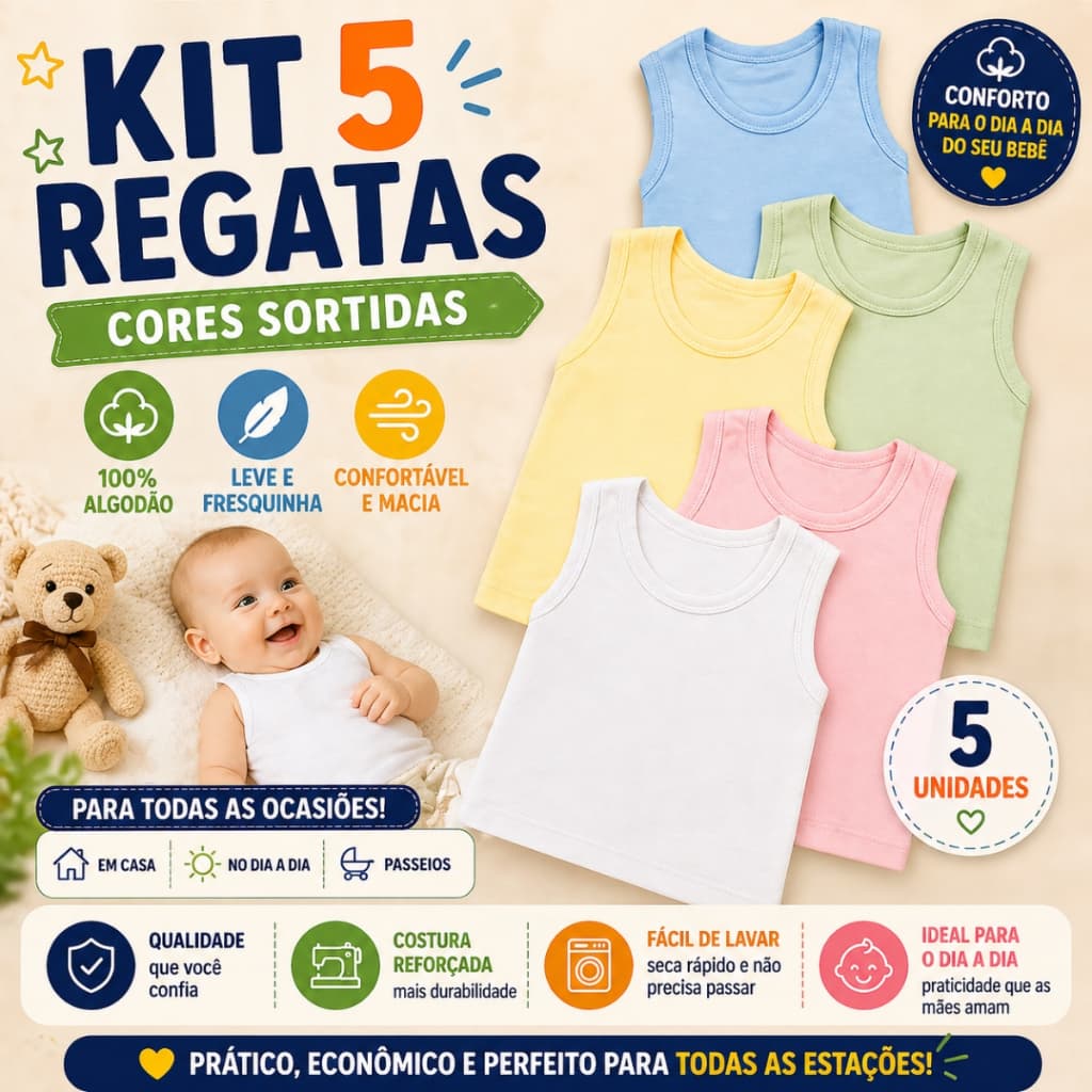 Kit 5 Camisetas Regata Bebê Menino Menina