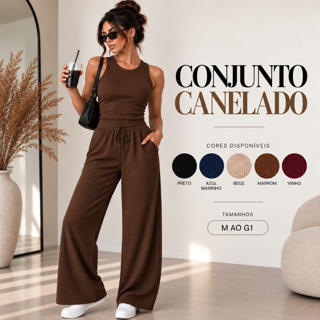 Conjunto Feminino Canelado Regata e Calça Pantalona Wide Leg com Bolso M ao G1