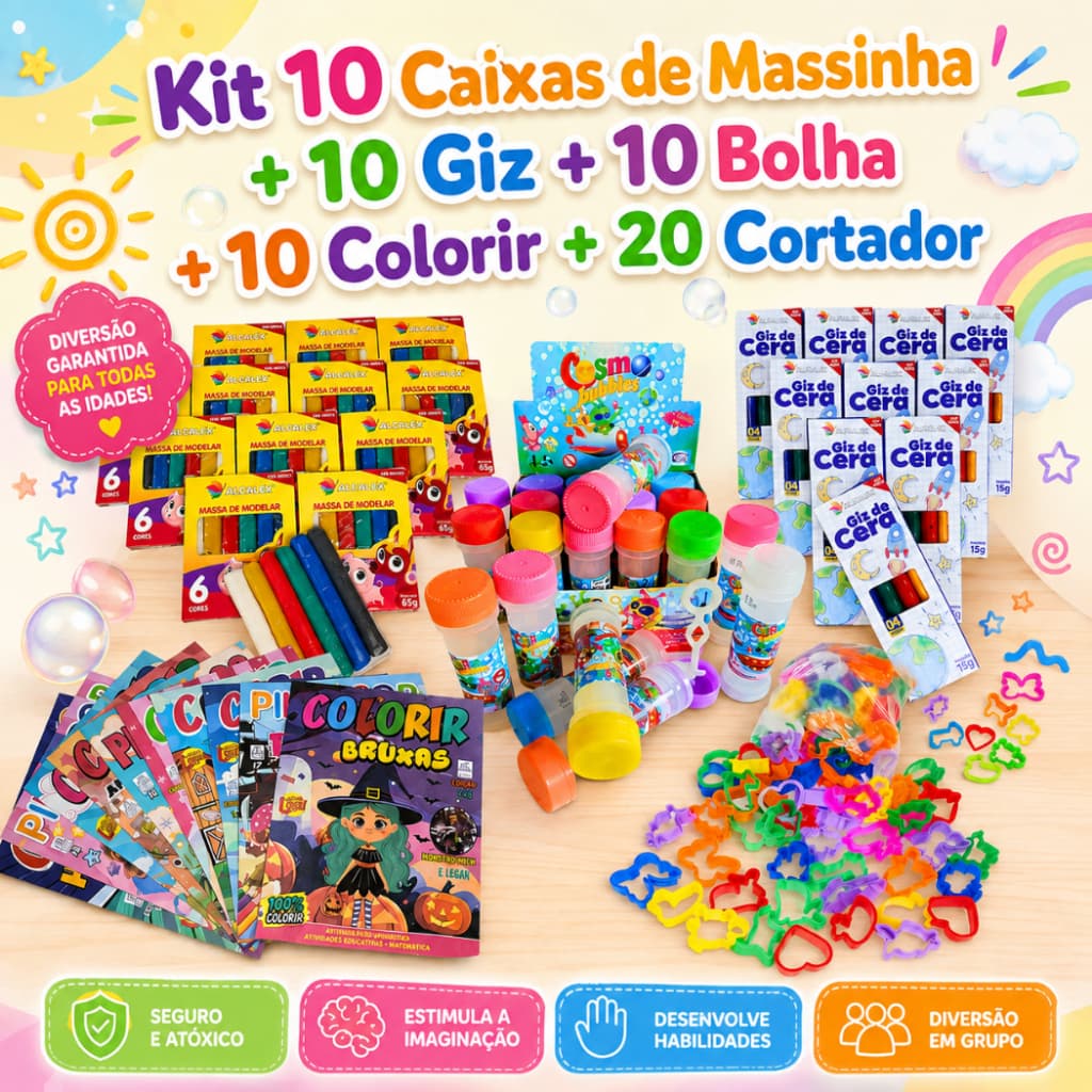 Kit 10 Massinha Modelar + 10 Bolha Sabão + 10 Giz Cera + 20 Corta + 10 Colorir/Atividades Lembrancinha Infantil