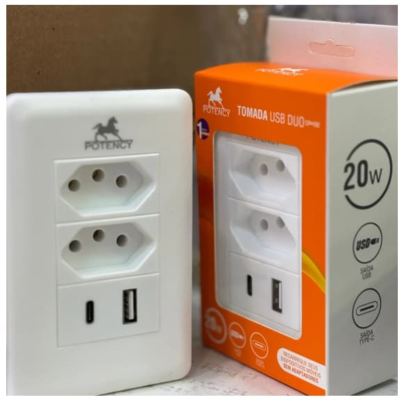 Tomada Parede Com 2  Usb E 1 TYPE -C CarregadoR TURBO 20W CP*102EX-5612/5613