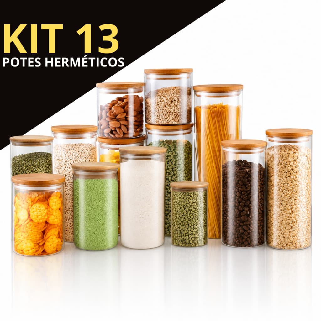 Kit de  potes herméticos de vidro com tampa de bambu para cozinha mantimentos alimentos