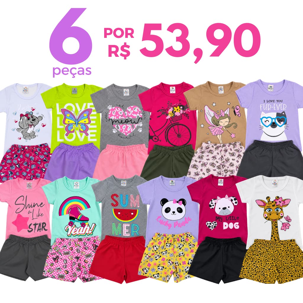 Kit 6 ou 4 Peças Verão Roupa Menina Infantil 3 ou 2 Camiseta e 3 ou 2 Shorts/Bermudas Conjuntos Sortidos 3 ou 2 Conjunto