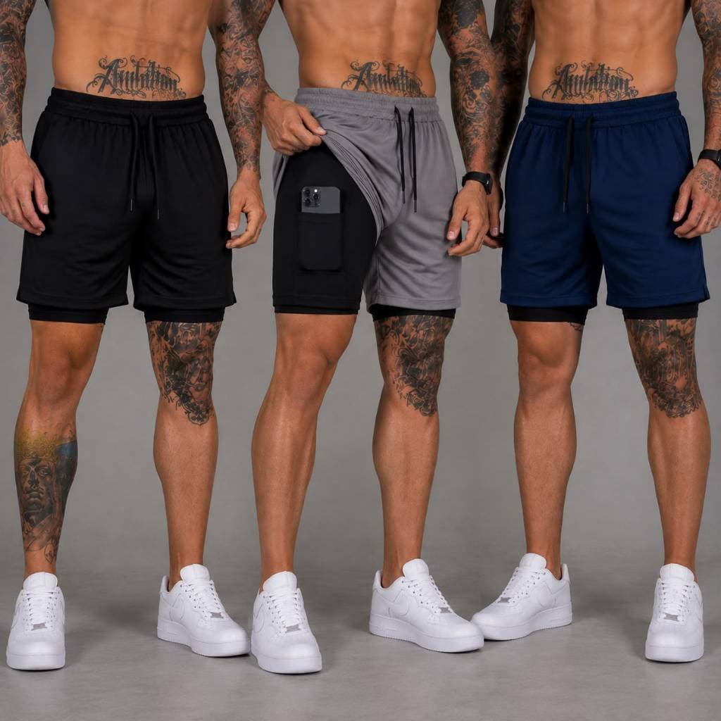 Kit 3 Shorts Bermuda 2 em 1 Masculino Dry Fit Compressão Fitnes Bolso Celular Academia Treino Corrida Plus Size PP ao G2
