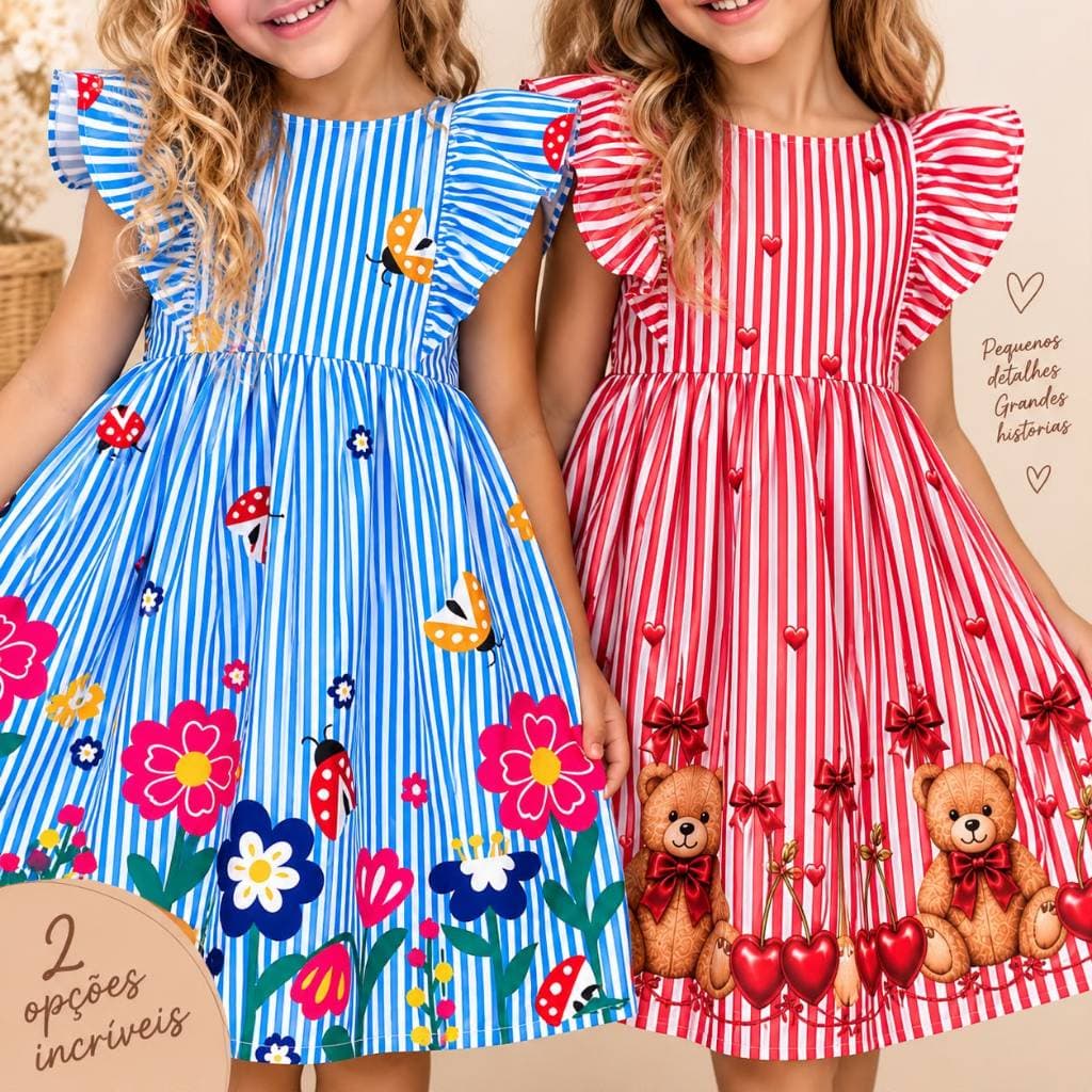 Vestido Infantil Menina Princesa  Listrado Floral Barrado Varias Cores para Festas De Natal
