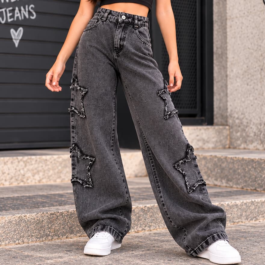 Calça Jeans Juvenil Menina Wide Leg Destroyed Estrela Lateral de Primavera Cinza Marmorizado