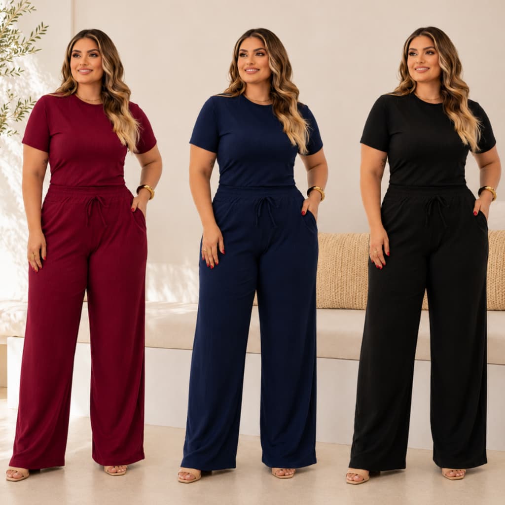 Conjunto Feminino Plus Size Elegante Fresquinho Calça Pantalona e Blusa