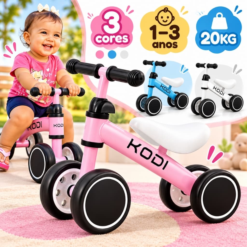 Carrinho de Equilíbrio Infantil  4 Rodas Sem Pedal | Brinquedo para Aprender Andar | Assento Confortável