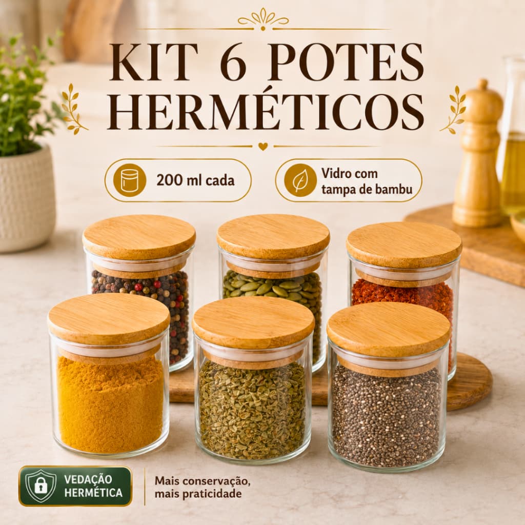 Conjunto de 6 Potes Ideal Para Temperos e Alimentos Pote de Vidro com Tampa de Bambu Hermético 200ml Alta Vedação