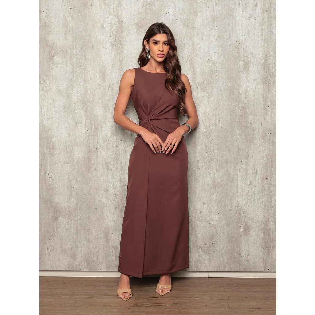 L170 648 Vestido longo elegante transpassado com nó fenda atras Forma Pequena