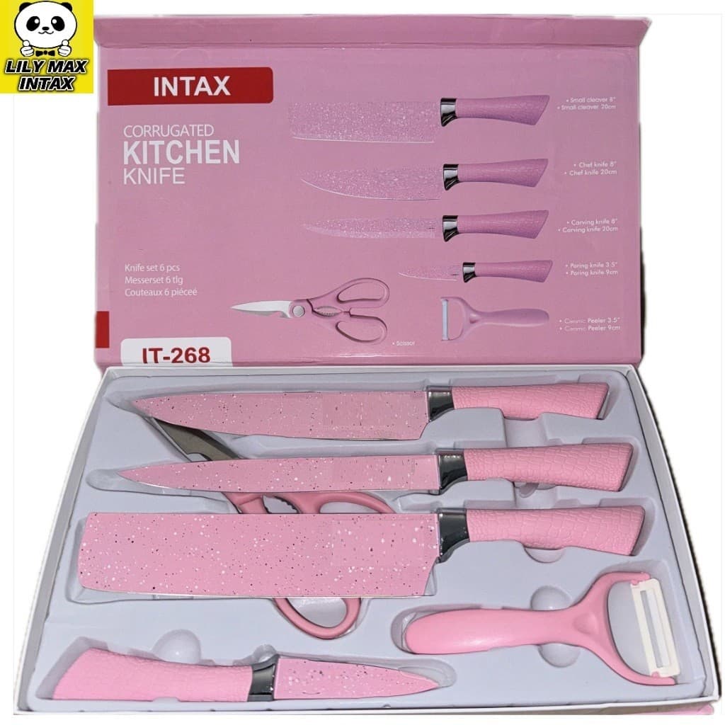 Jogo De Facas Inox Descascador E Tesoura 6 Peças Rosa