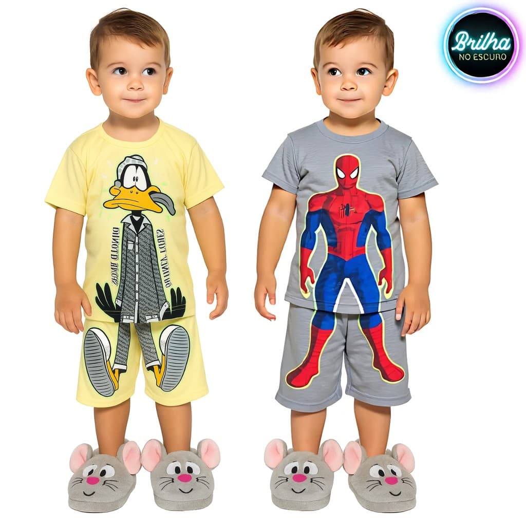 Conjunto Pijama Brilha no Escuro Personagens Menino Infantil Mickey Homem Aranha Malha Levinha