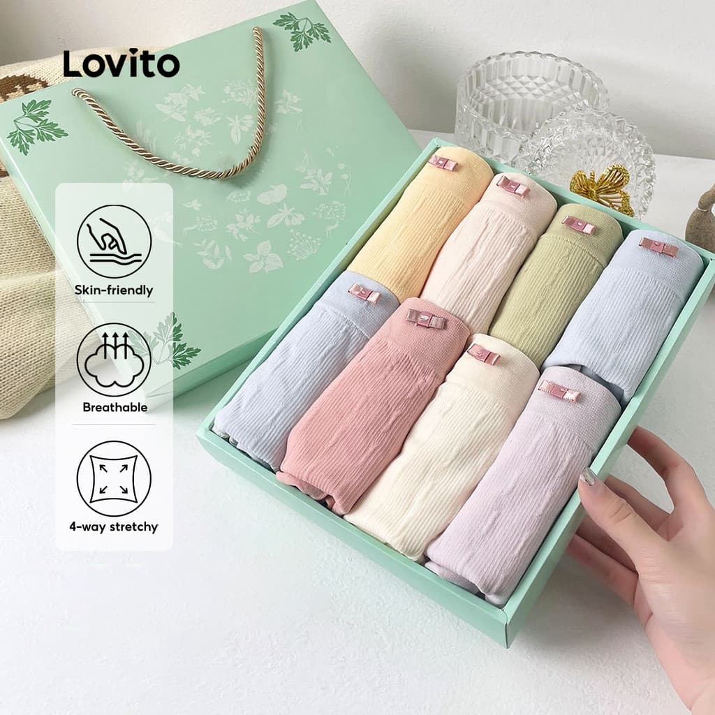 Lovito Casual Conjunto de 8 Calcinhas de Algodão Renda Respiráveis e Elásticas Multicoloridas para Mulheres LNE1132X066